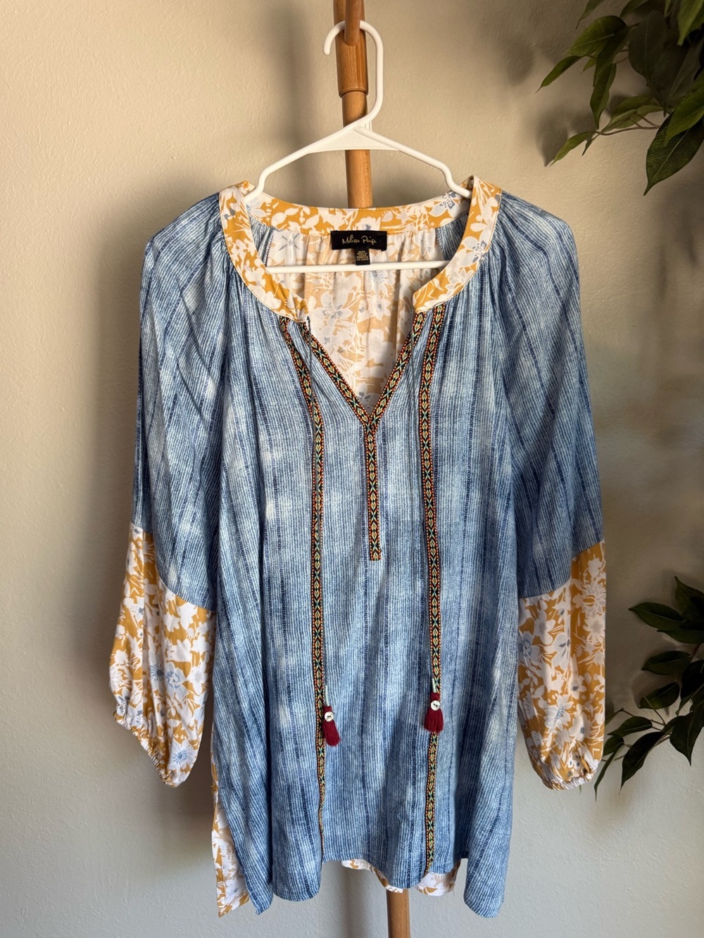 Melissa Paige Boho Print Yellow and Blue Long Sleeve Top Women’s Size M NWOT